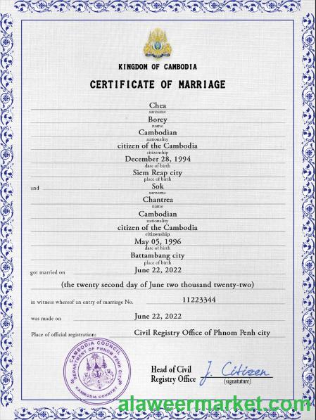 Cambodia marriage certificate PSD template